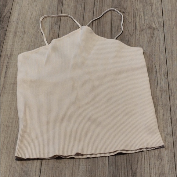 Zara Ivory Ribbed Cropped Halter Top - Spaghetti Strap - Size L - Summer Chic - Picture 2 of 7